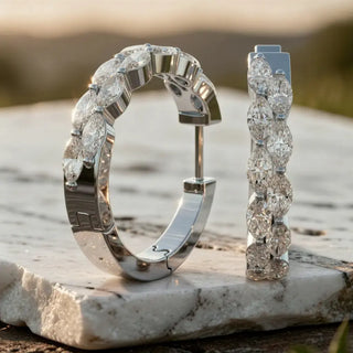 Flat Lay: Pear Cut Diamond Hoop Earrings with Pave Setting in 14k White Gold - Lab Grown - Driona Jewels