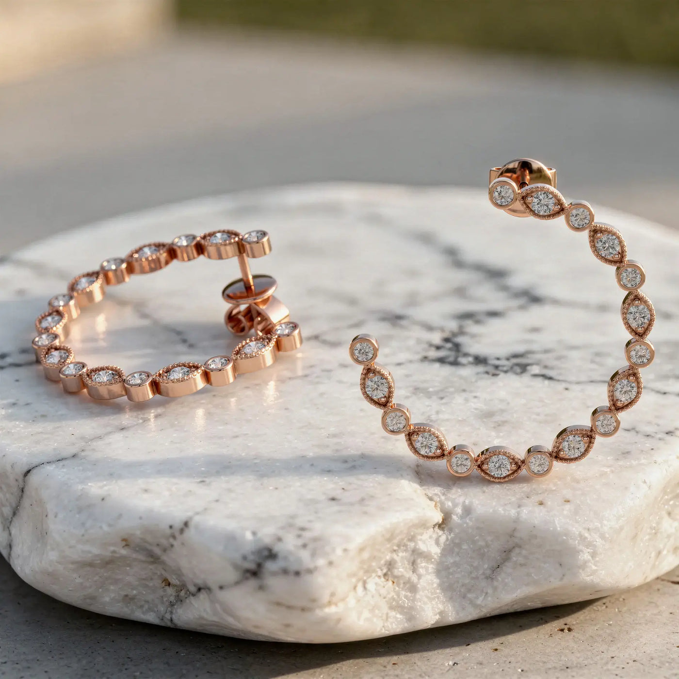 Flat Lay: Round Diamond Hoop Earrings with Bezel Setting in 14k Rose Gold - Lab Grown - Driona Jewels