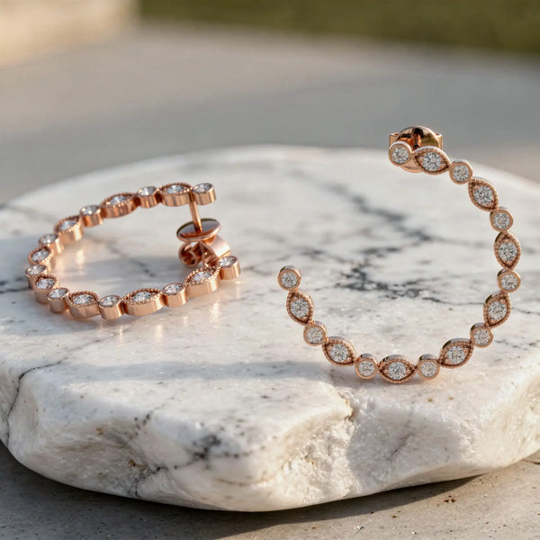 Flat Lay: Round Diamond Hoop Earrings with Bezel Setting in 14k Rose Gold - Lab Grown - Driona Jewels