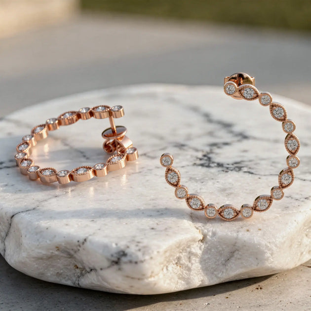 Flat Lay: Round Diamond Hoop Earrings with Bezel Setting in 14k Rose Gold - Lab Grown - Driona Jewels