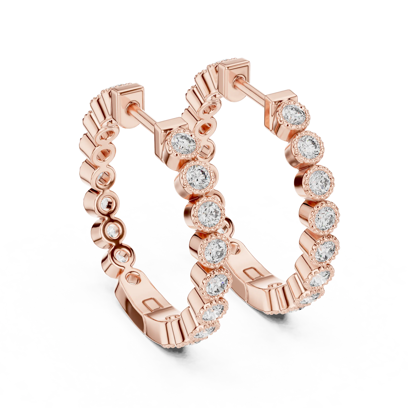 Pair-Shot: Round Diamond Hoop Earrings with Bezel Setting in 14k Rose Gold - Lab Grown - Driona Jewels