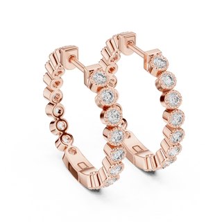 Pair-Shot: Round Diamond Hoop Earrings with Bezel Setting in 14k Rose Gold - Lab Grown - Driona Jewels