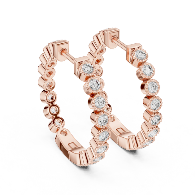 Pair-Shot: Round Diamond Hoop Earrings with Bezel Setting in 14k Rose Gold - Lab Grown - Driona Jewels