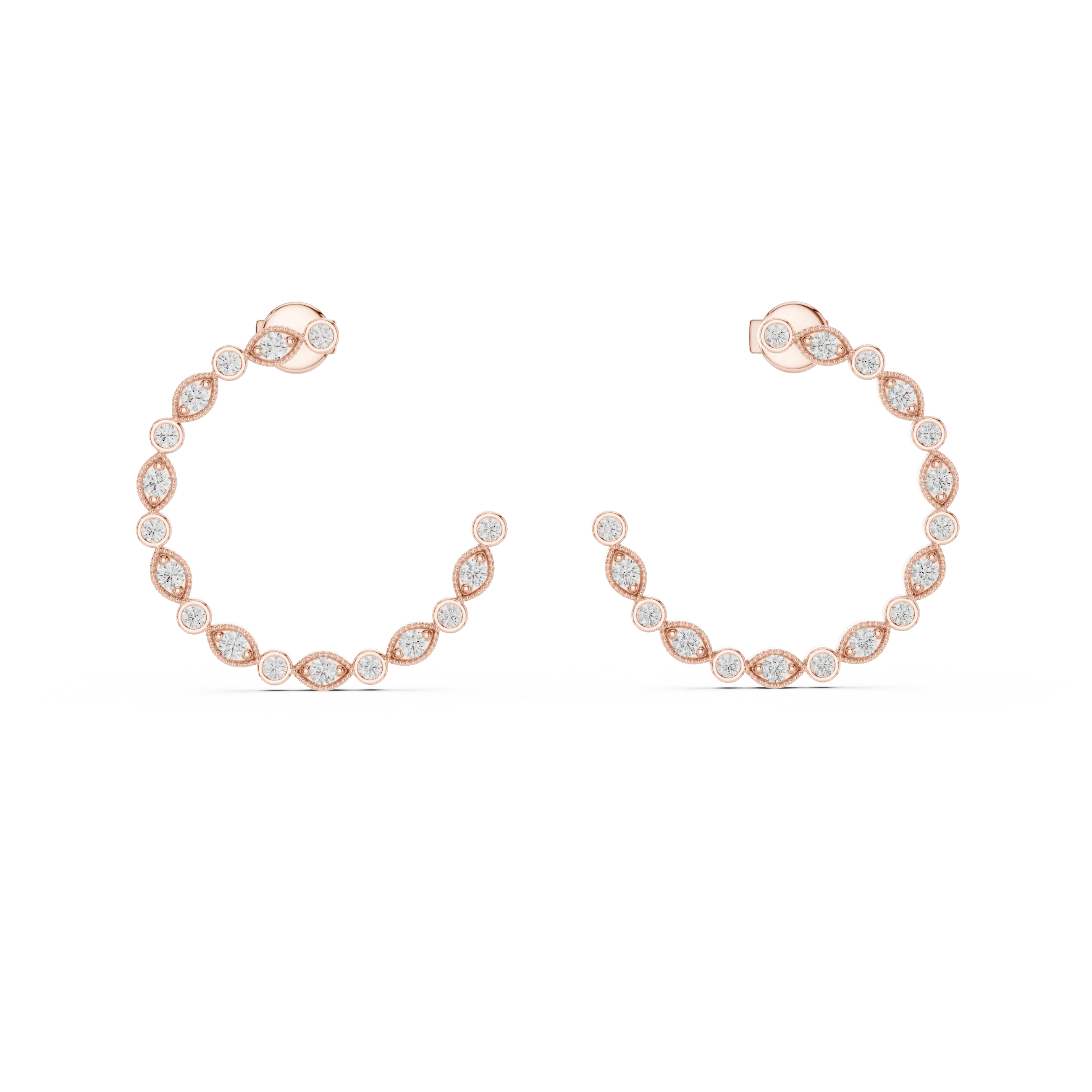 Pair-shot: Round Diamond Hoops with Bezel Setting in 14k Rose Gold - Lab Grown - Driona Jewels