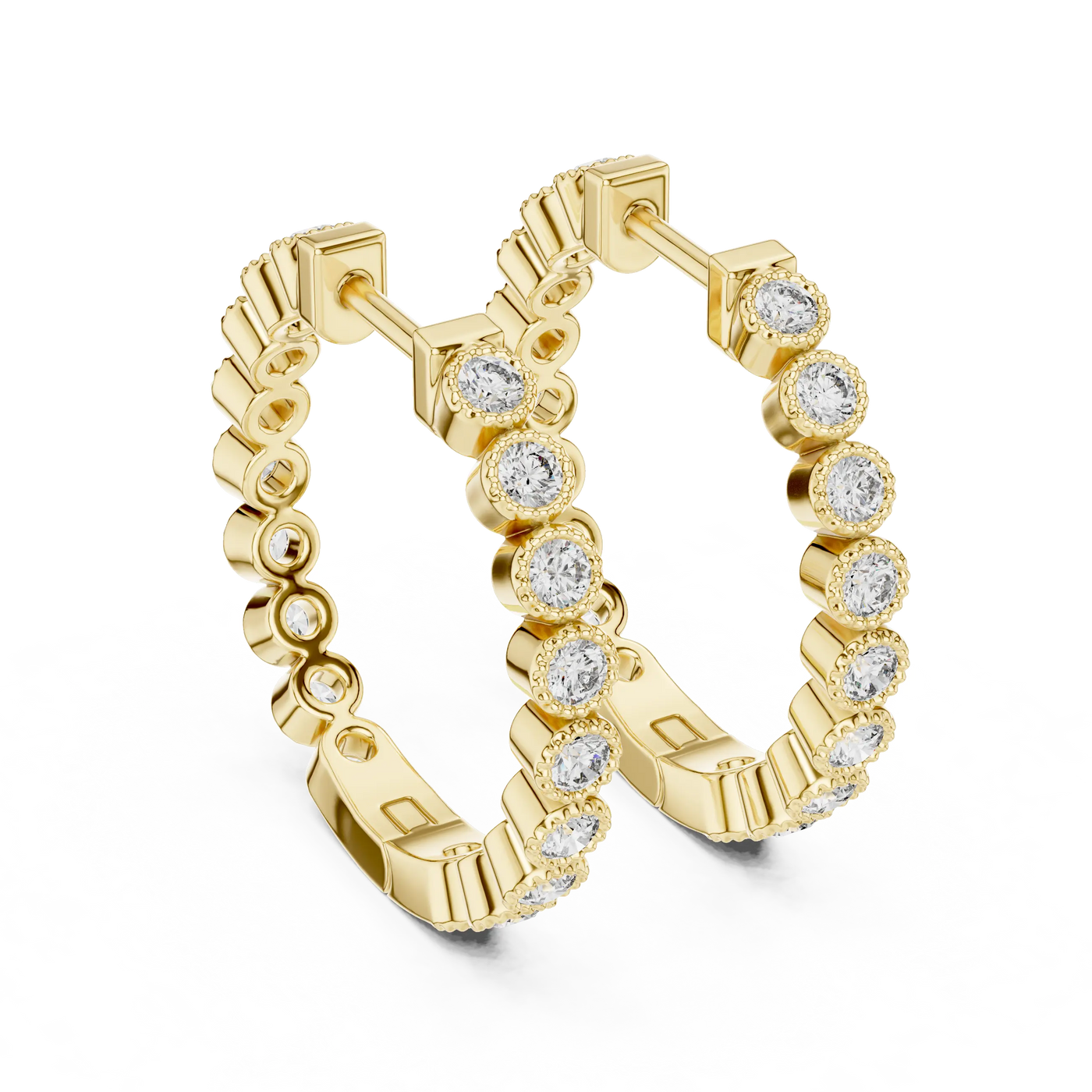 Pair Shot: Round Diamond Hoop Earrings with Bezel Setting in 14k Yellow Gold - Lab Grown - Driona Jewels