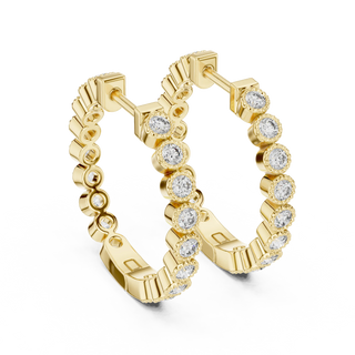 Pair Shot: Round Diamond Hoop Earrings with Bezel Setting in 14k Yellow Gold - Lab Grown - Driona Jewels