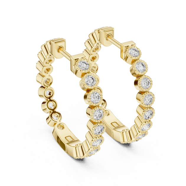 Pair Shot: Round Diamond Hoop Earrings with Bezel Setting in 14k Yellow Gold - Lab Grown - Driona Jewels