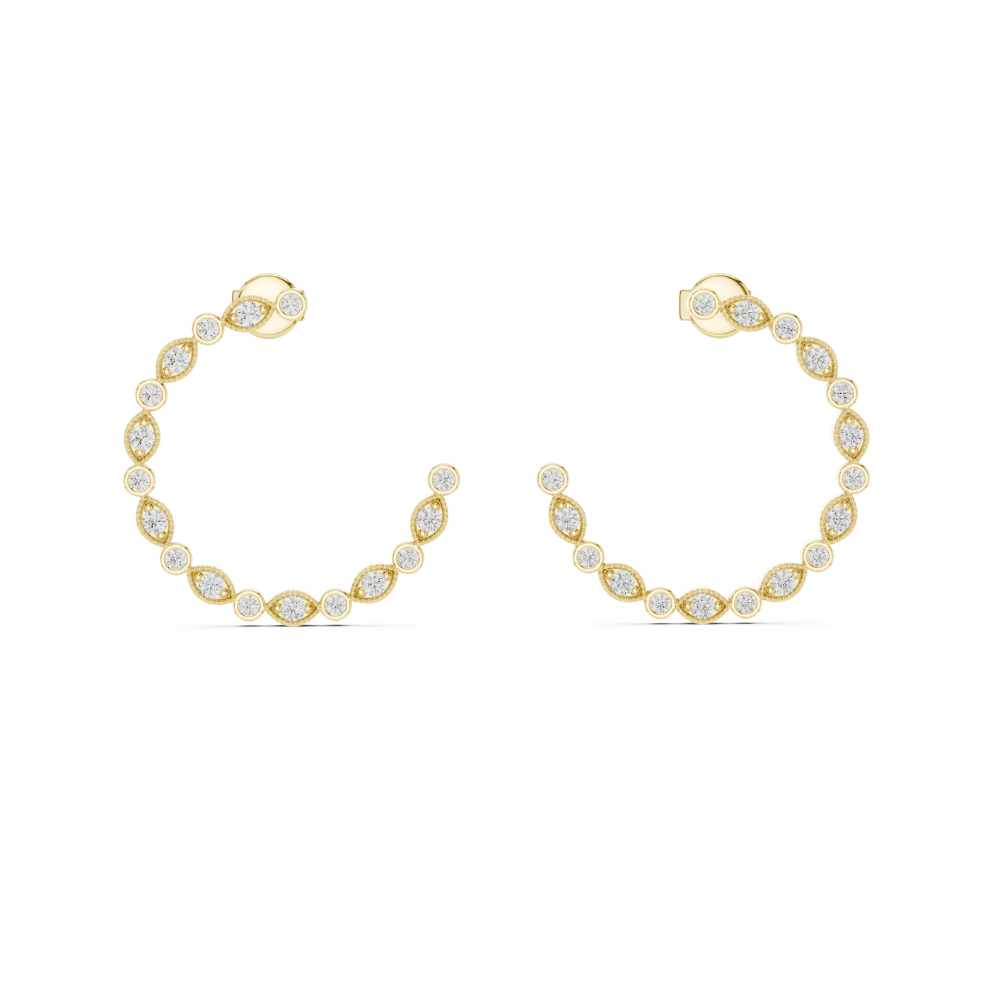 Pair-shot: Round Diamond Hoop Earrings with Bezel Setting in 14k Yellow Gold - Lab Grown - Driona Jewels