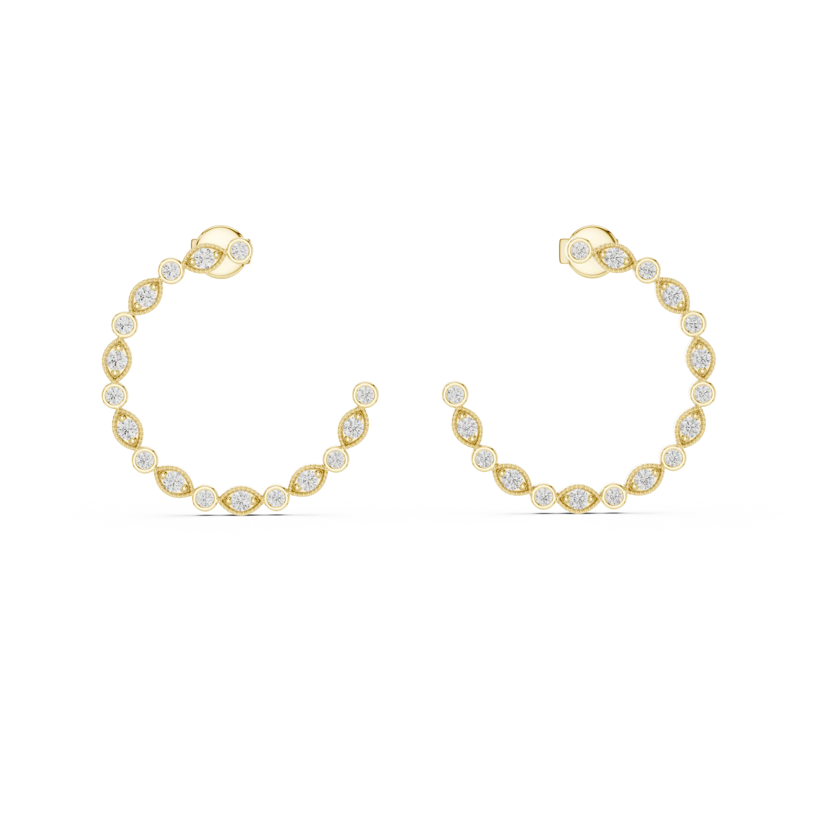 Pair-shot: Round Diamond Hoop Earrings with Bezel Setting in 14k Yellow Gold - Lab Grown - Driona Jewels