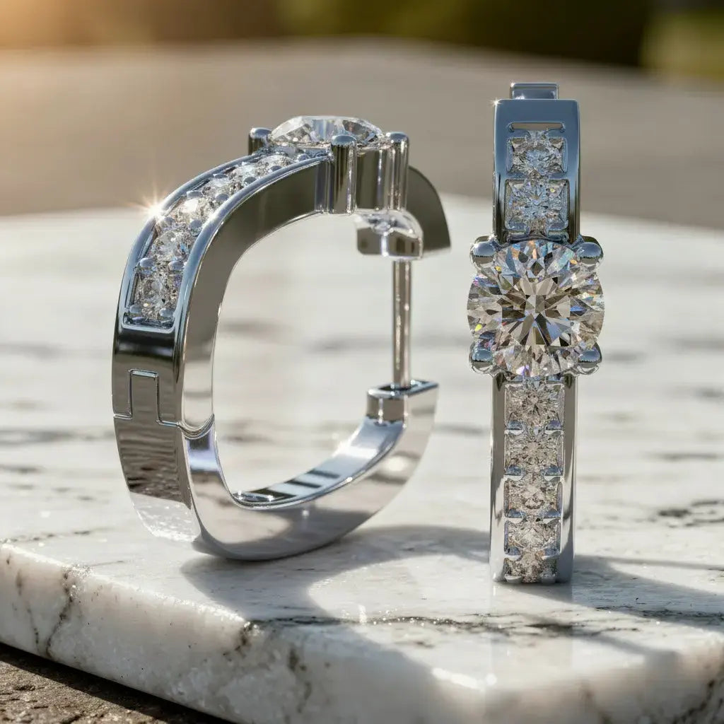 Pair-shot: Round Diamond Hoop Earrings with Channel Setting in 14k White Gold - Lab Grown - Driona Jewels