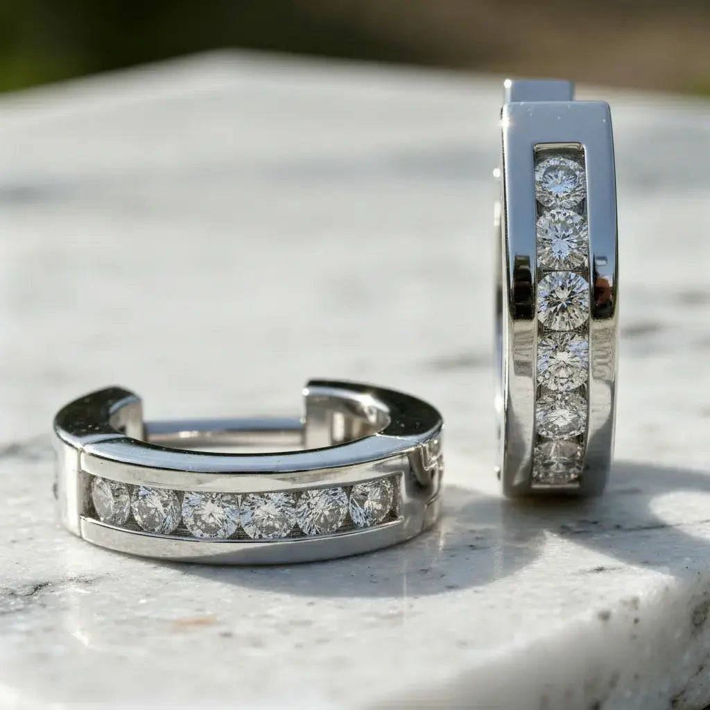Pair-Shot: Round Diamond Hoop Earrings with Channel Setting in 14k White Gold - Lab Grown - Driona Jewels