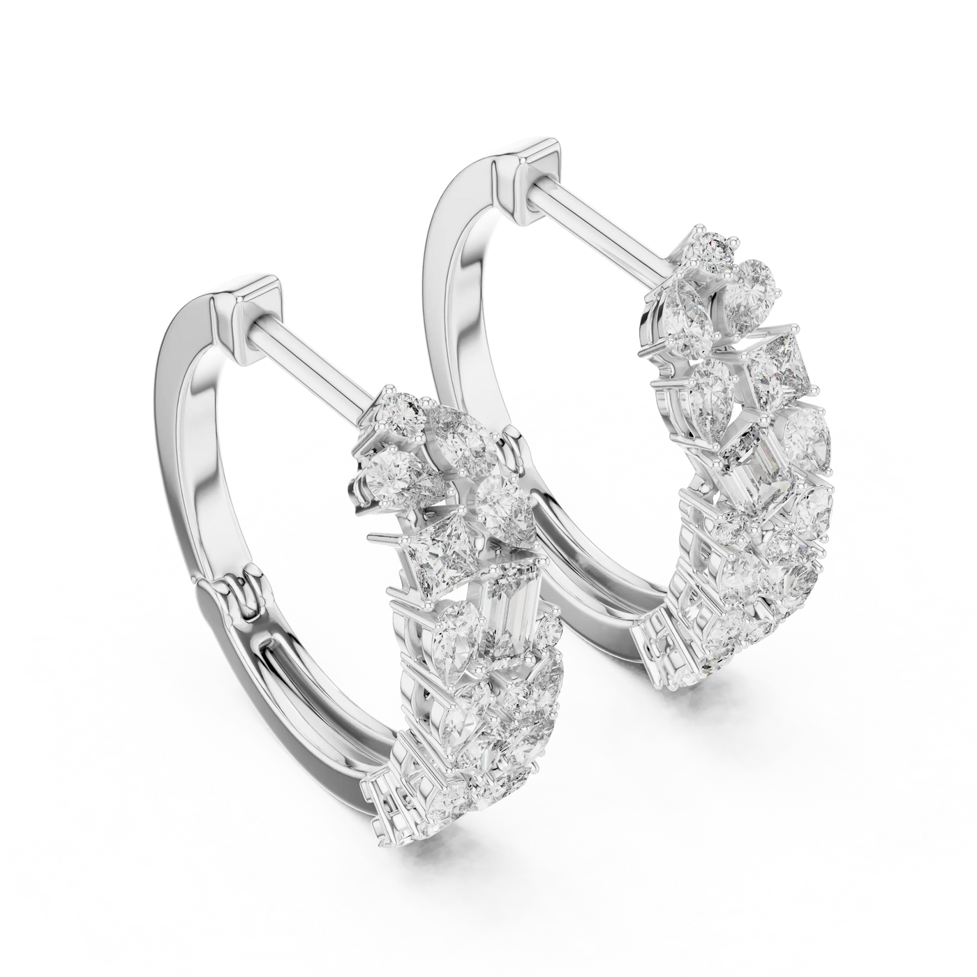 Pair-shot: Round Diamond Hoop Earrings with Cluster Setting in 14k White Gold - Lab Grown - Driona Jewels