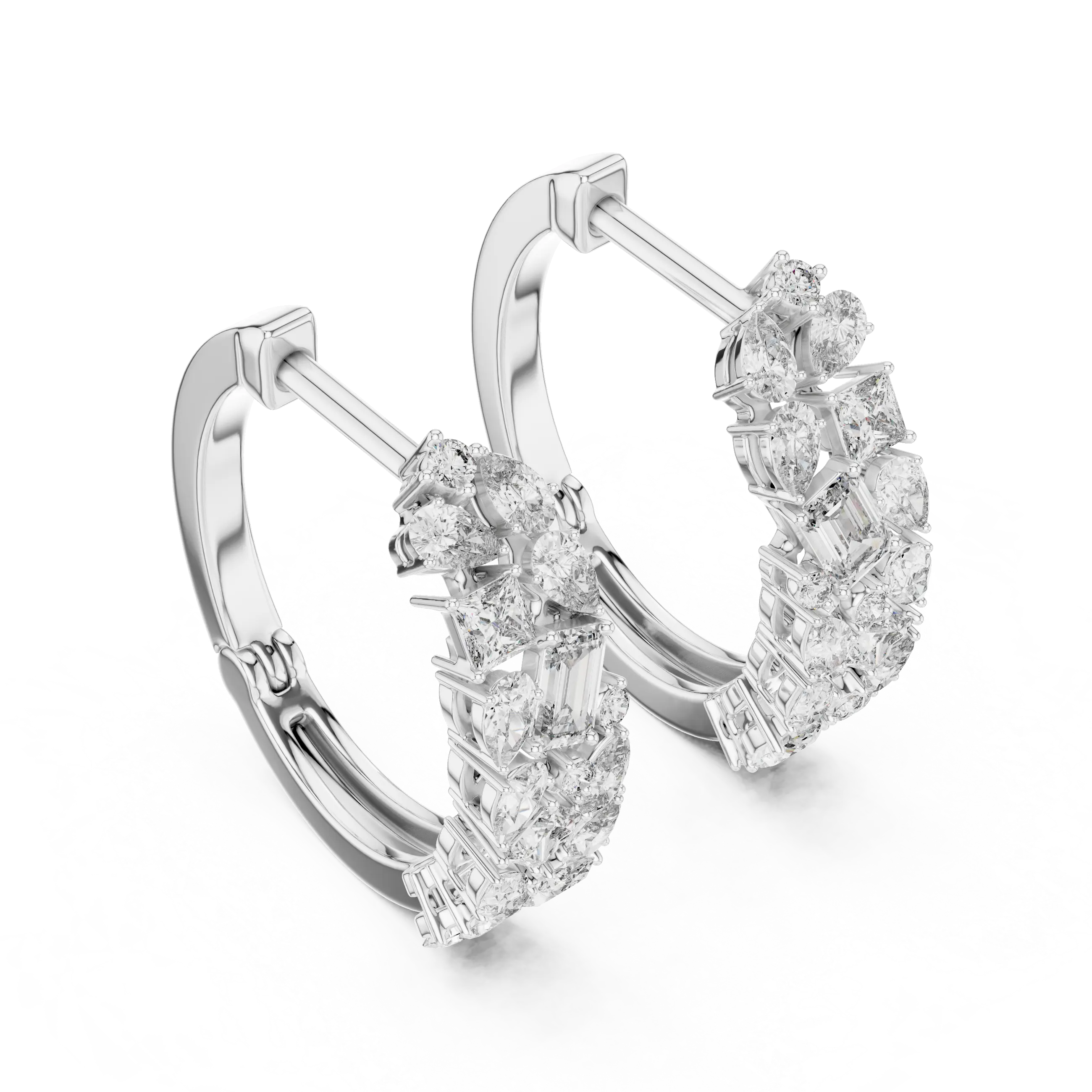 Pair-shot: Round Diamond Hoop Earrings with Cluster Setting in 14k White Gold - Lab Grown - Driona Jewels