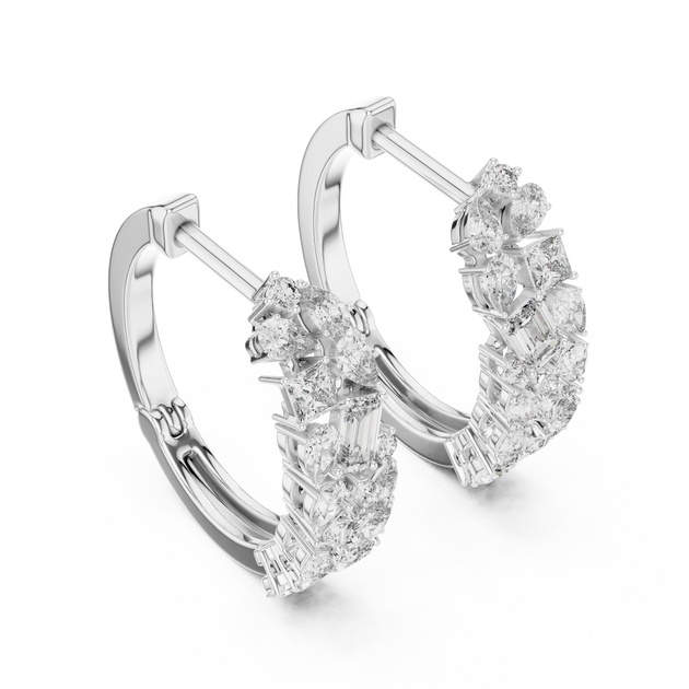 Pair-shot: Round Diamond Hoop Earrings with Cluster Setting in 14k White Gold - Lab Grown - Driona Jewels