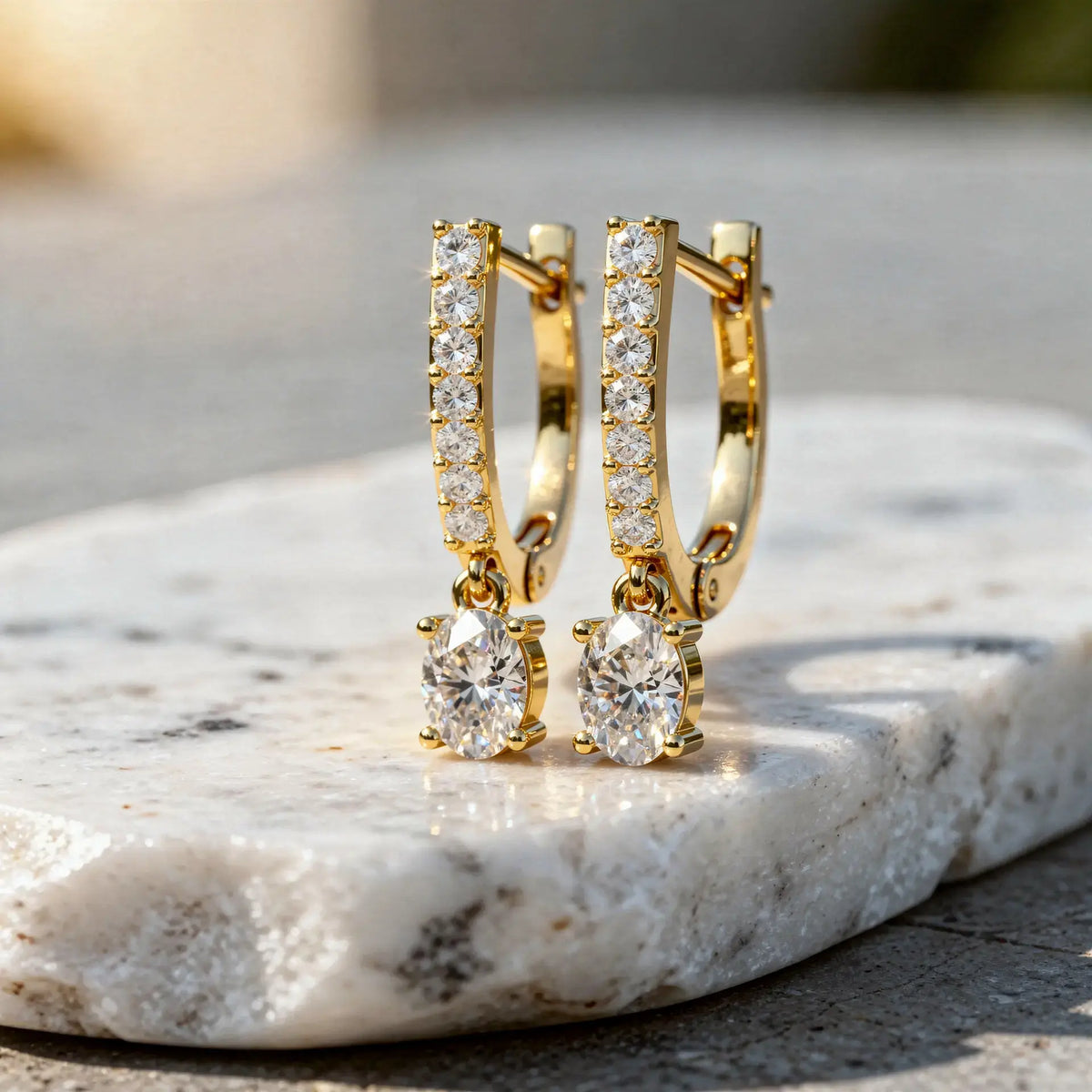 Pair Shot: Round Diamond Hoop Earrings with Drop Setting in 14k Yellow Gold - Lab Grown - Driona Jewels