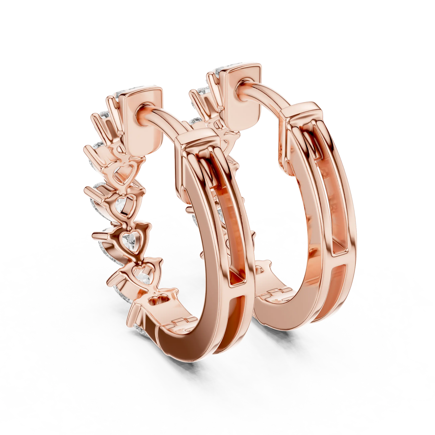 Pair-shot: Round Diamond Hoop Earrings with Halo Setting in 14k Rose Gold - Lab Grown - Driona Jewels