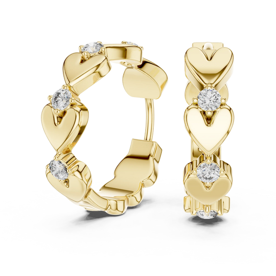 Pair-Shot: Round Diamond Hoop Earrings with Halo Setting in 14k Yellow Gold - Lab Grown - Driona Jewels