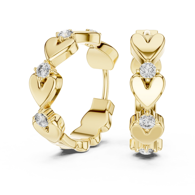 Pair-Shot: Round Diamond Hoop Earrings with Halo Setting in 14k Yellow Gold - Lab Grown - Driona Jewels