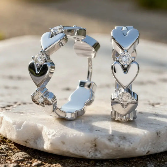 Pair-Shot: Round Diamond Hoop Earrings with Heart Setting in 14k White Gold - Lab Grown - Driona Jewels