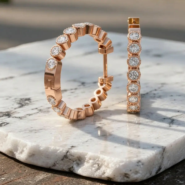 Flat Lay: Round Diamond Hoop Earrings with Pave Setting in 14k Rose Gold - Lab Grown - Driona Jewels
