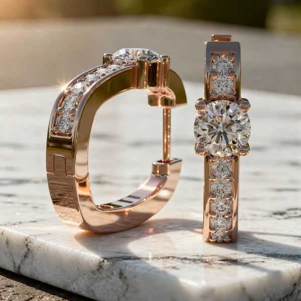 Flat Lay: Round Diamond Hoop Earrings with Pave Setting in 14k Rose Gold - Lab Grown - Driona Jewels