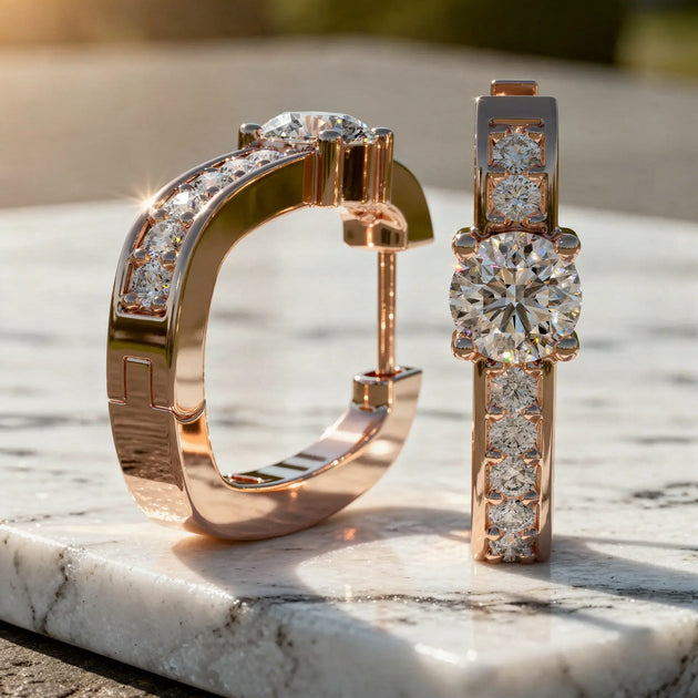 Flat Lay: Round Diamond Hoop Earrings with Pave Setting in 14k Rose Gold - Lab Grown - Driona Jewels
