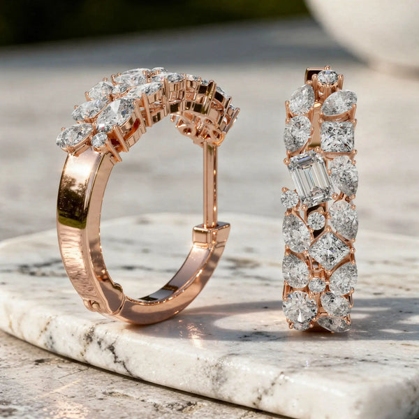 Flat Lay: Round Diamond Hoop Earrings with Pave Setting in 14k Rose Gold - Lab Grown - Driona Jewels