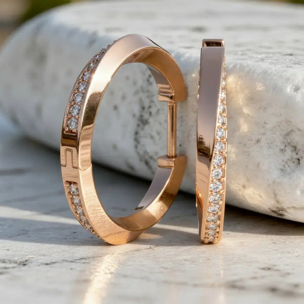 Pair-shot: Round Diamond Hoop Earrings with Pave Setting in 14k Rose Gold - Lab Grown - Driona Jewels