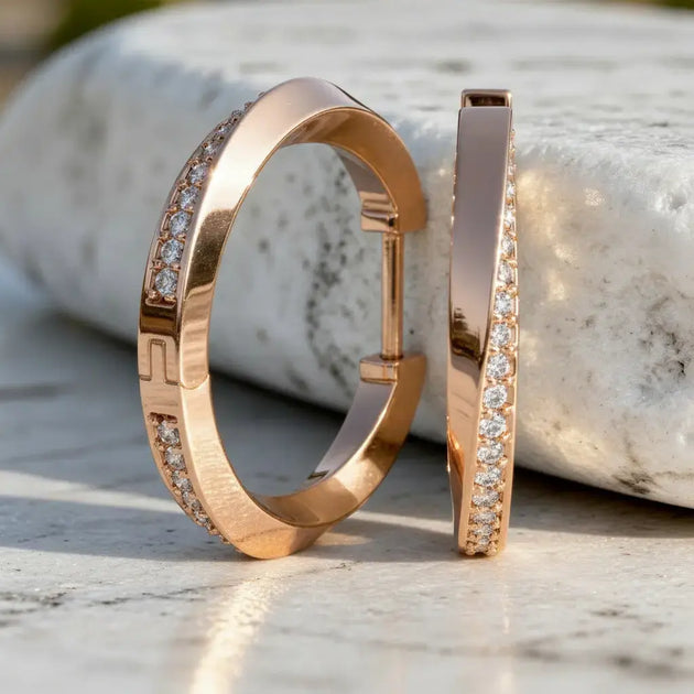 Pair-shot: Round Diamond Hoop Earrings with Pave Setting in 14k Rose Gold - Lab Grown - Driona Jewels