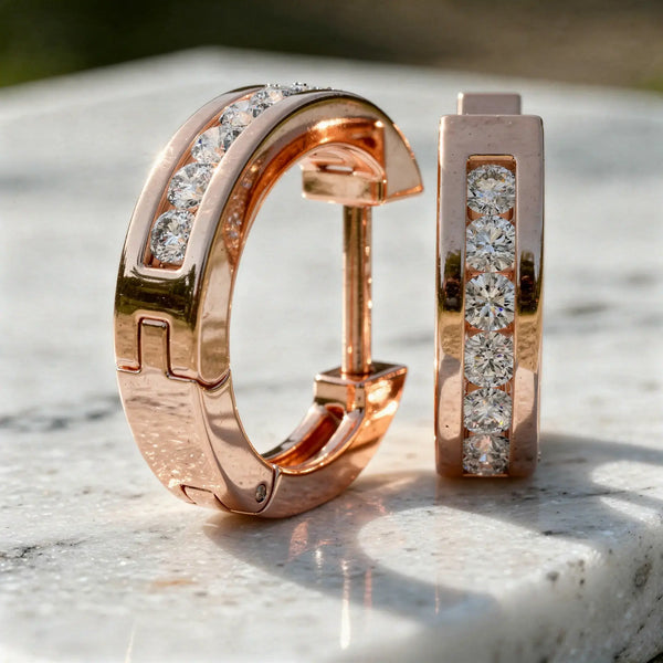 Pair Shot: Round Diamond Hoop Earrings with Pave Setting in 14k Rose Gold - Lab Grown - Driona Jewels