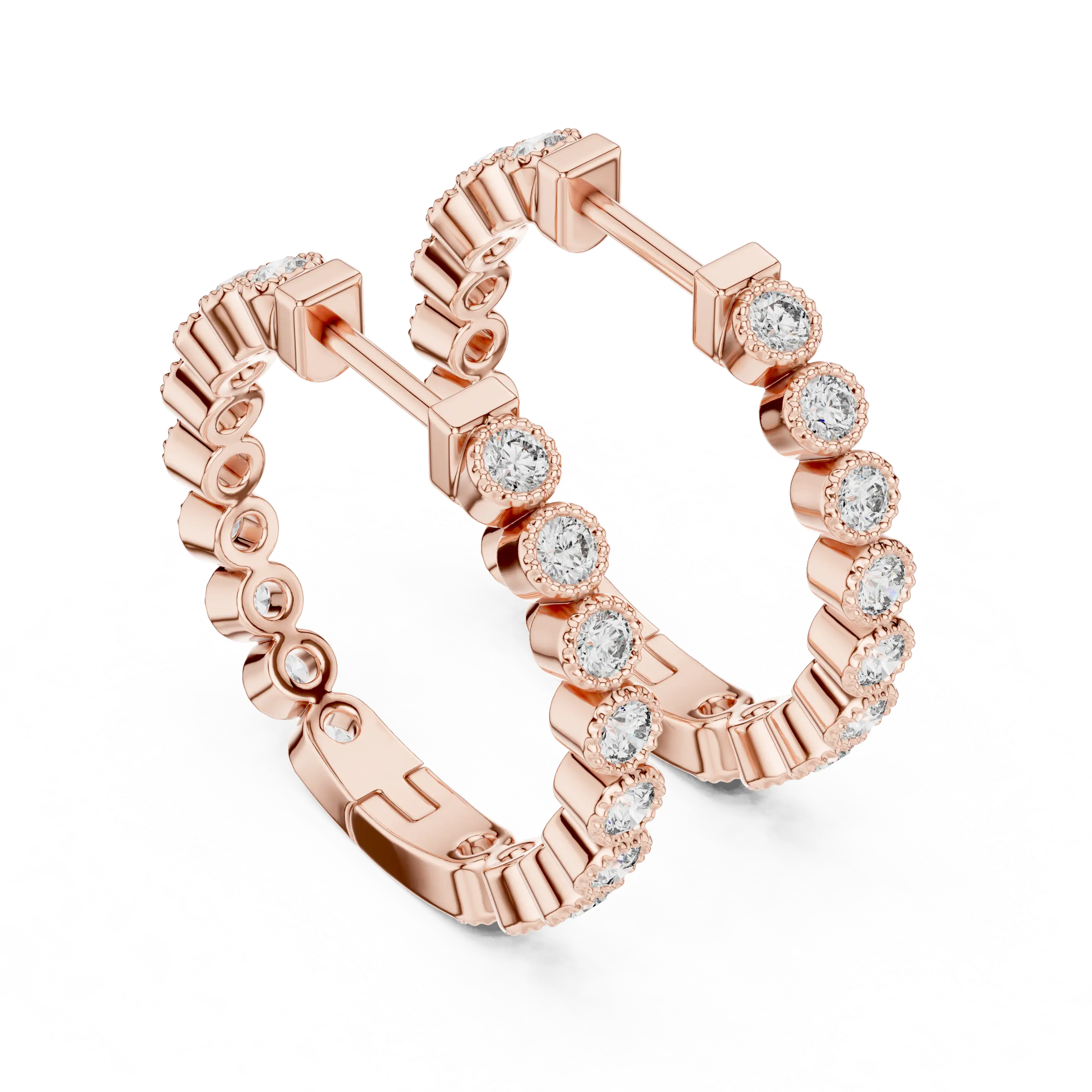 Pair-shot: Round Diamond Hoop Earrings with Pave Setting in 14k Rose Gold - Lab Grown - Driona Jewels