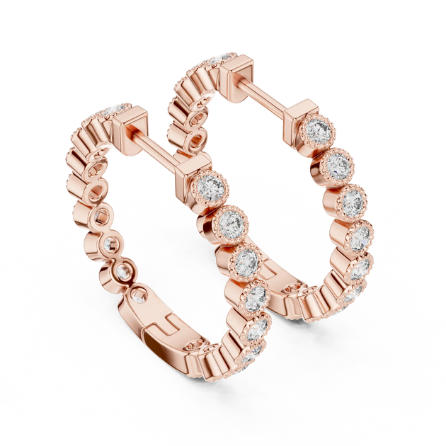 Pair-shot: Round Diamond Hoop Earrings with Pave Setting in 14k Rose Gold - Lab Grown - Driona Jewels