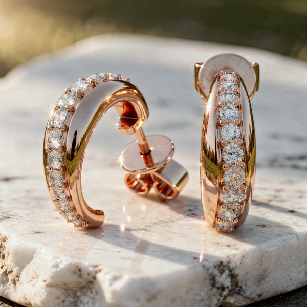 Pair-Shot: Round Diamond Hoop Earrings with Pave Setting in 14k Rose Gold - Lab Grown - Driona Jewels