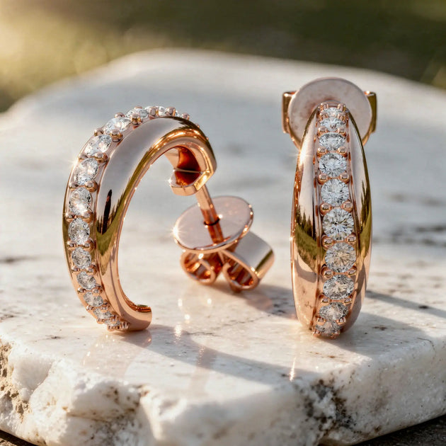 Pair-Shot: Round Diamond Hoop Earrings with Pave Setting in 14k Rose Gold - Lab Grown - Driona Jewels