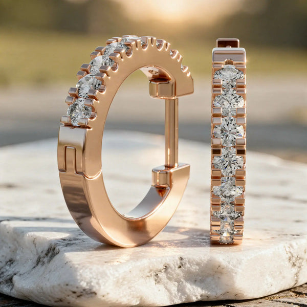 Pair Shot: Round Diamond Hoop Earrings with Pave Setting in 14k Rose Gold - Lab Grown - Driona Jewels