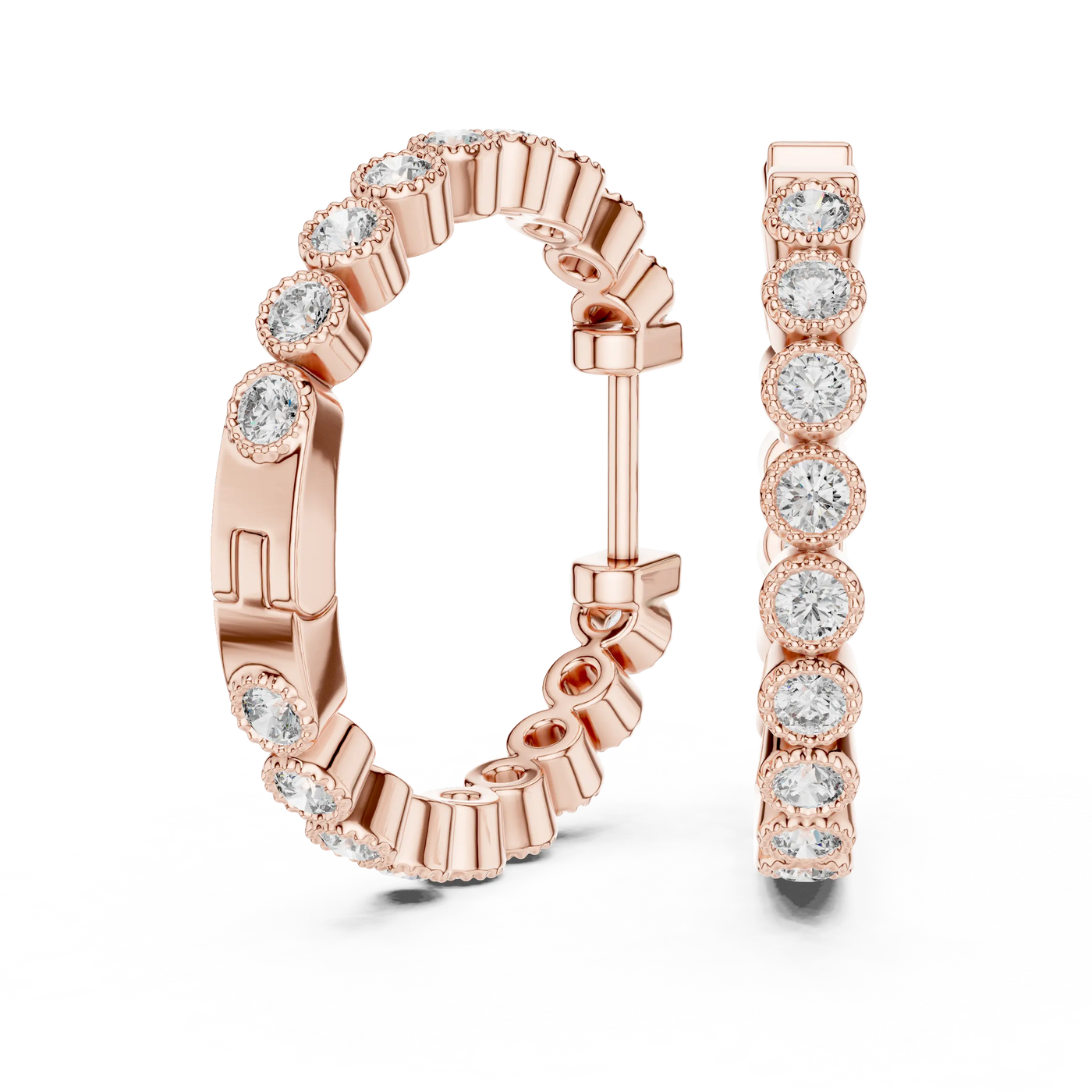 Pair Shot: Round Diamond Hoop Earrings with Pave Setting in 14k Rose Gold - Lab Grown - Driona Jewels