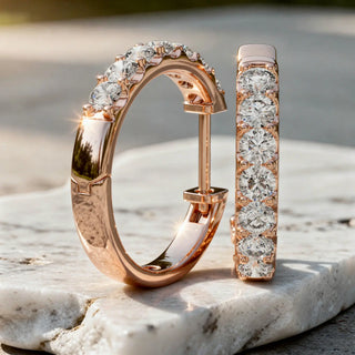Pair Shot: Round Diamond Hoop Earrings with Pave Setting in 14k Rose Gold - Lab Grown - Driona Jewels