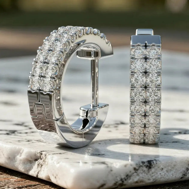 Flat-Lay: Round Diamond Hoop Earrings with Pave Setting in 14k White Gold - Lab Grown - Driona Jewels