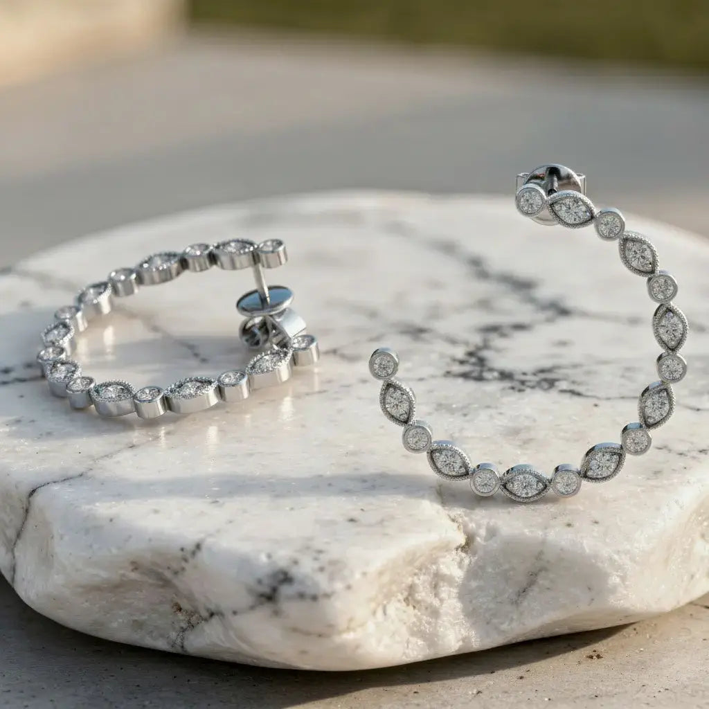 Flat Lay: Round Diamond Hoop Earrings with Pave Setting in 14k White Gold - Lab Grown - Driona Jewels