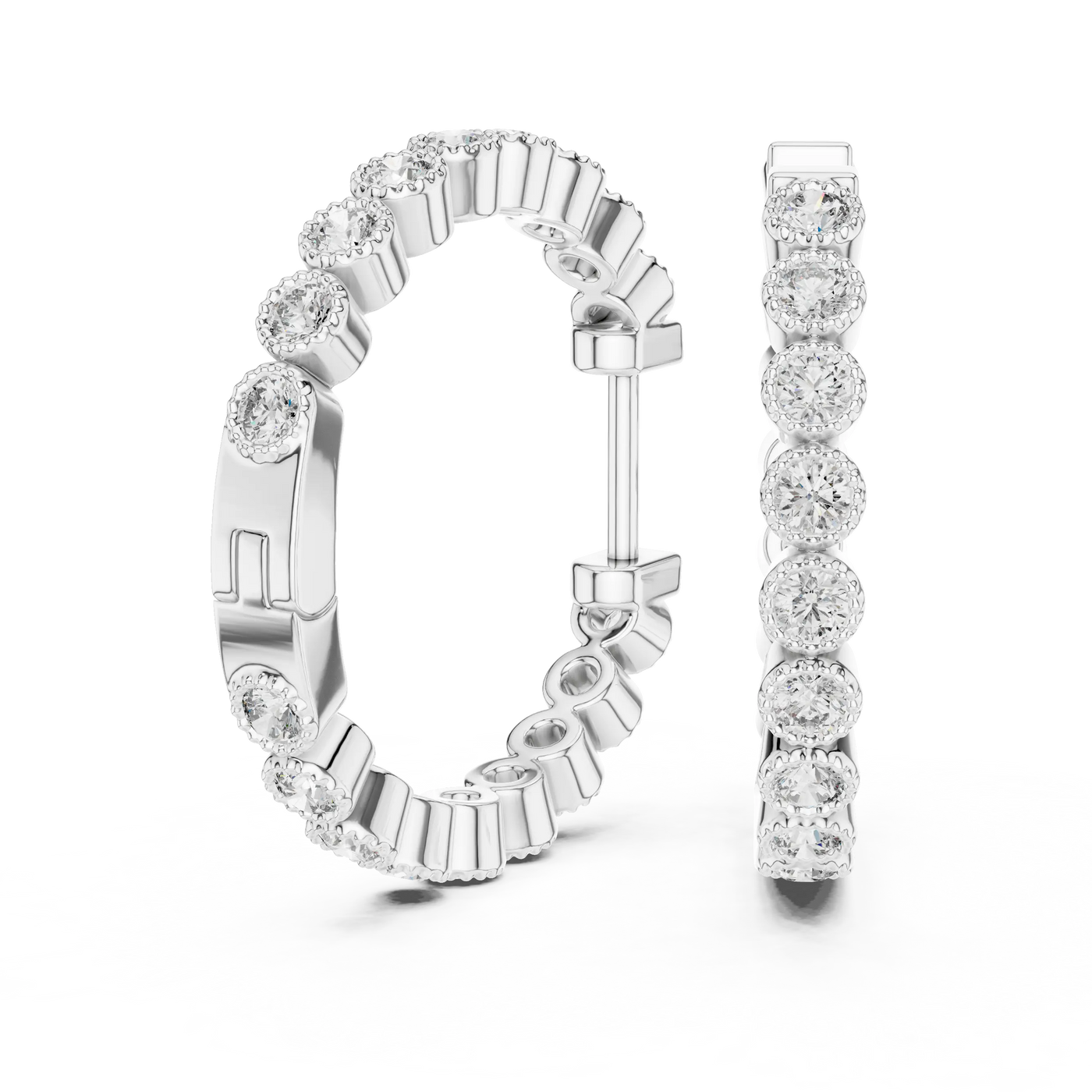 Pair-shot: Round Diamond Hoop Earrings with Pave Setting in 14k White Gold - Lab Grown - Driona Jewels
