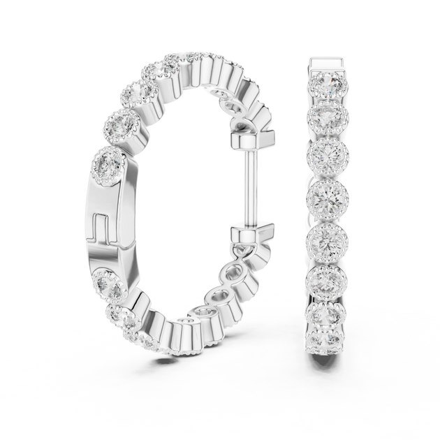 Pair-shot: Round Diamond Hoop Earrings with Pave Setting in 14k White Gold - Lab Grown - Driona Jewels