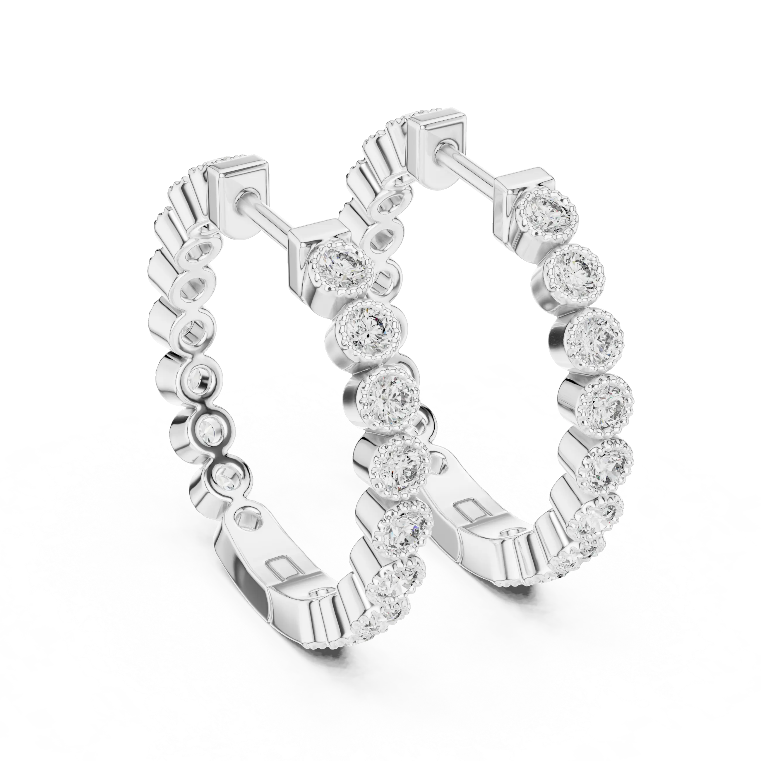 Pair Shot: Round Diamond Hoop Earrings with Pave Setting in 14k White Gold - Lab Grown - Driona Jewels