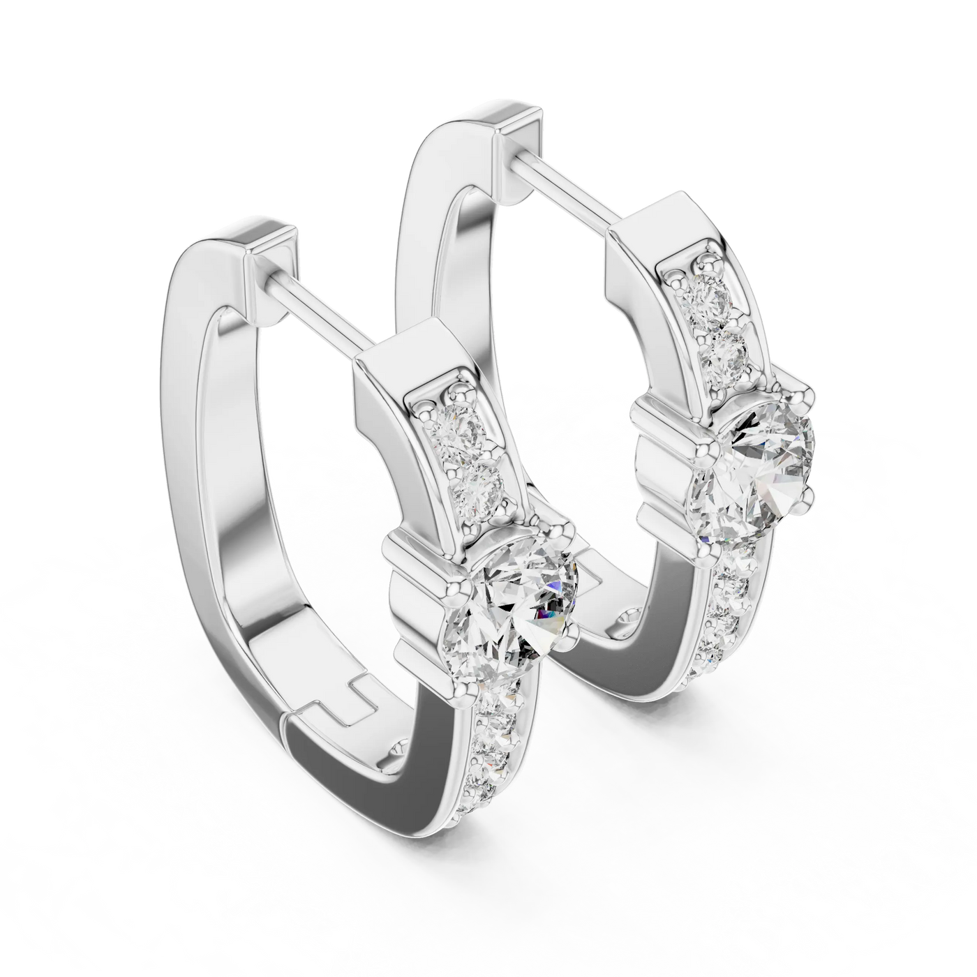Pair-Shot: Round Diamond Hoop Earrings with Pave Setting in 14k White Gold - Lab Grown - Driona Jewels