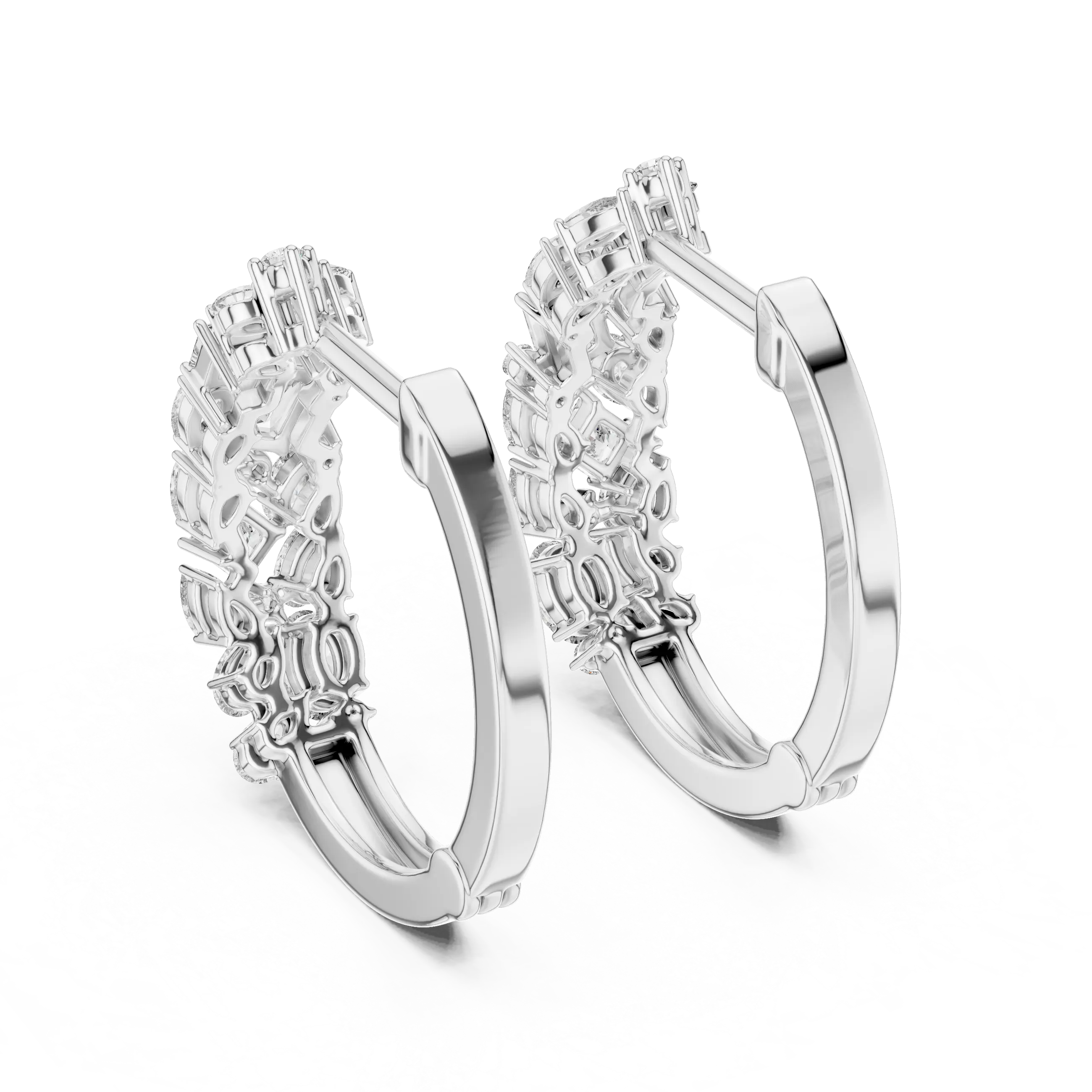 Pair-Shot: Round Diamond Hoop Earrings with Pave Setting in 14k White Gold - Lab Grown - Driona Jewels