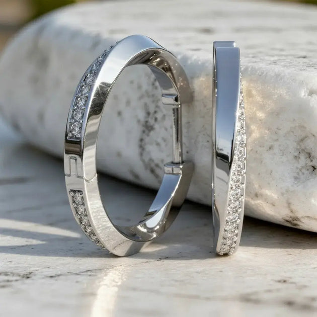 Pair-shot: Round Diamond Hoop Earrings with Pave Setting in 14k White Gold - Lab Grown - Driona Jewels
