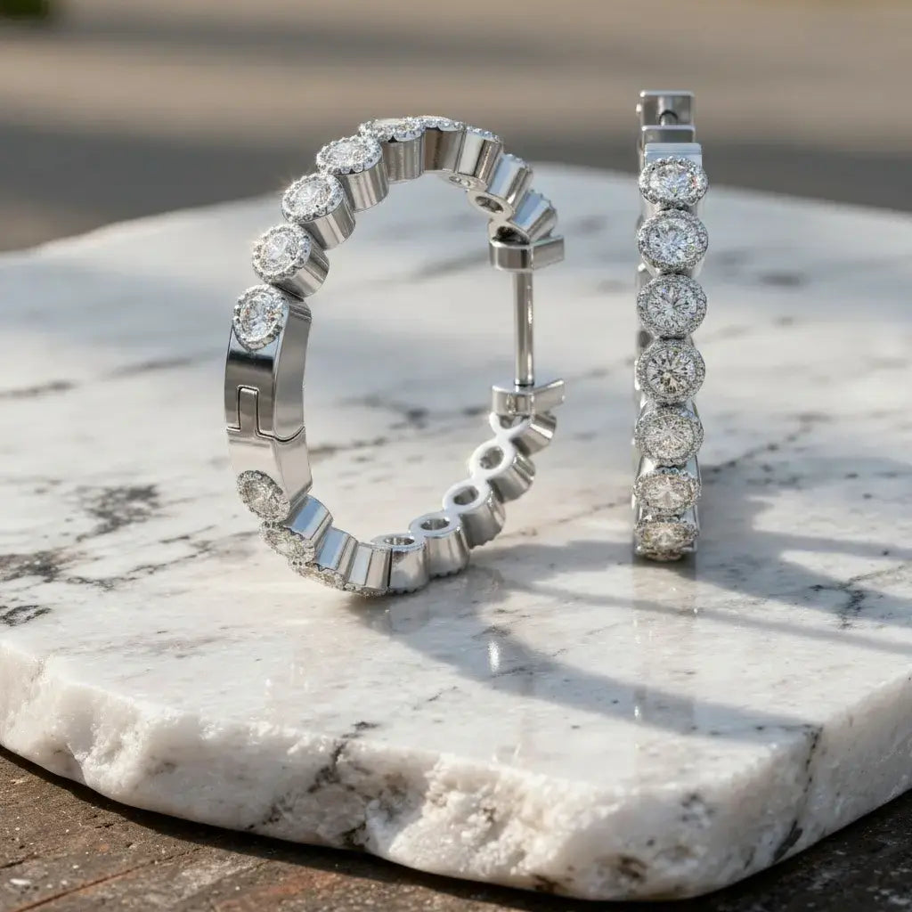 Pair Shot: Round Diamond Hoop Earrings with Pave Setting in 14k White Gold - Lab Grown - Driona Jewels
