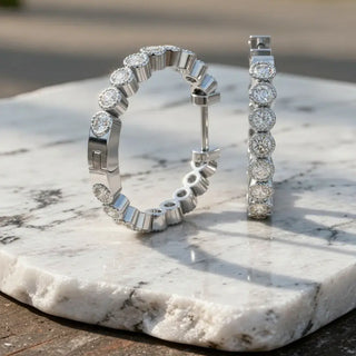 Pair Shot: Round Diamond Hoop Earrings with Pave Setting in 14k White Gold - Lab Grown - Driona Jewels