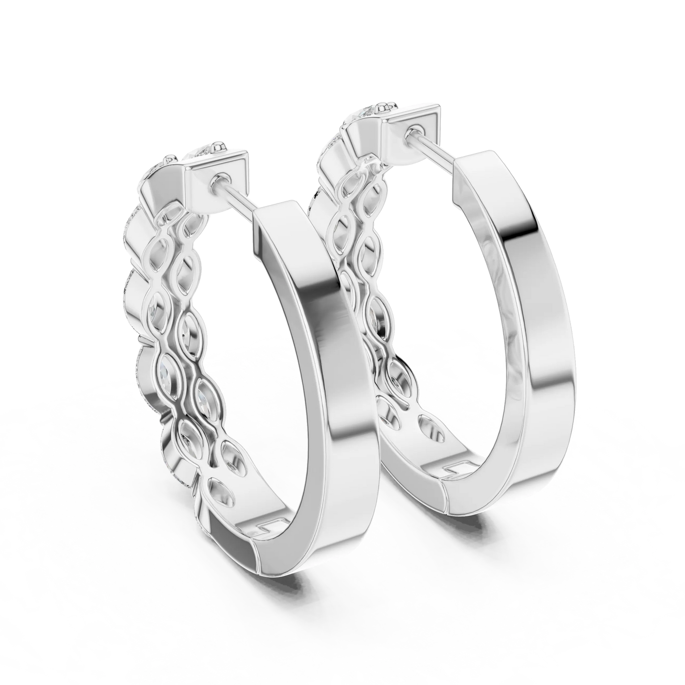 Pair-Shot: Round Diamond Hoop Earrings with Pave Setting in 14k White Gold - Lab Grown - Driona Jewels