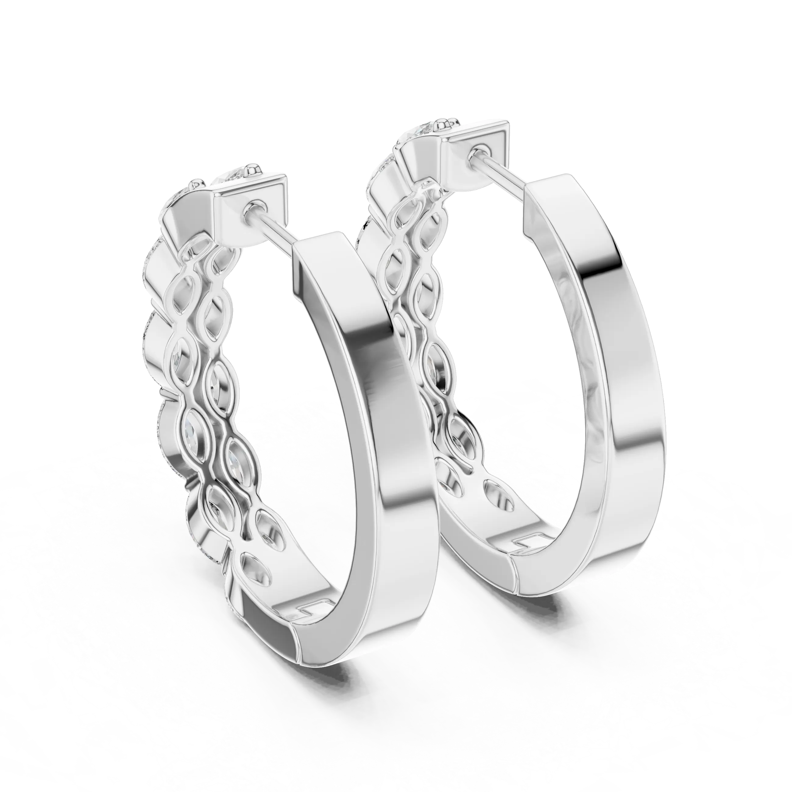 Pair-Shot: Round Diamond Hoop Earrings with Pave Setting in 14k White Gold - Lab Grown - Driona Jewels