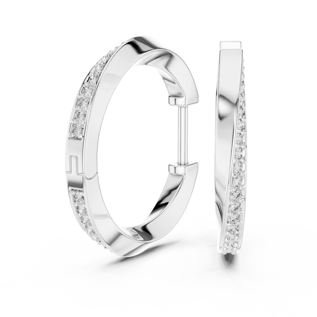 Pair Shot: Round Diamond Hoop Earrings with Pave Setting in 14k White Gold - Lab Grown - Driona Jewels